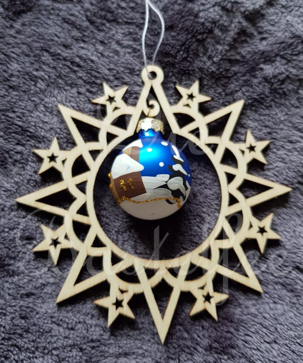 Holzanhänger Stern mit blauer Kugel